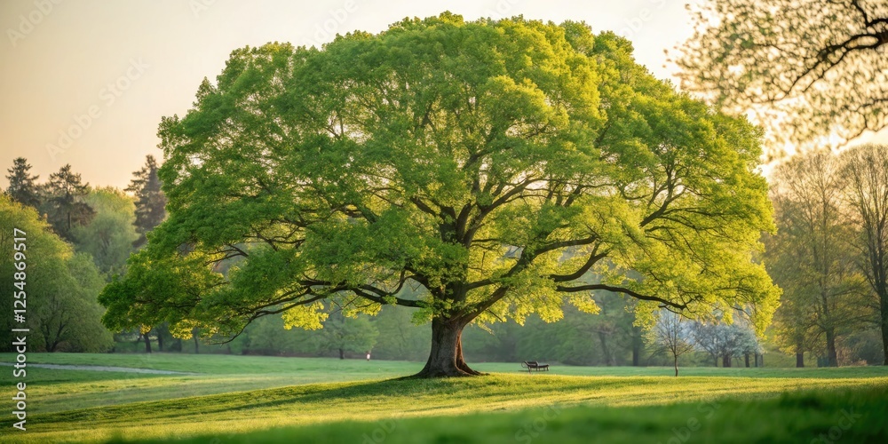 Naklejka premium Captivating leafy park tree portraits: lush greenery, summer sunlight, peaceful outdoor photoshoot.