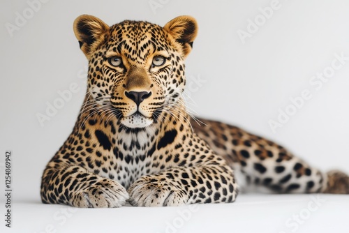 A captivating image of a leopard resting on its belly, exuding an aura of serene elegance. The background is plain white, putting the focus solely on the animal. photo