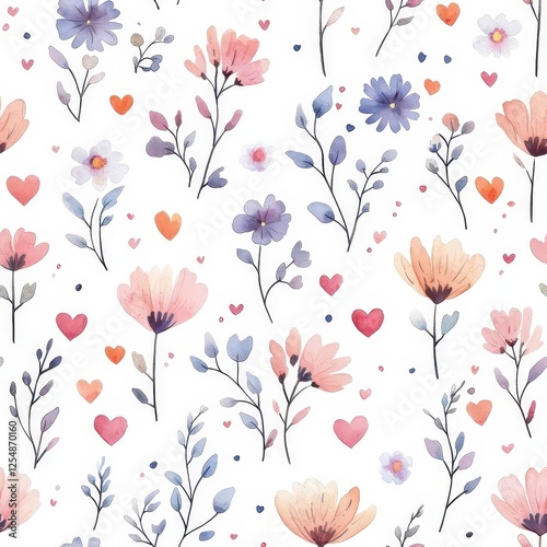 Wallpaper Mural Delicate Watercolor Floral Seamless Pattern: This charming seamless pattern features delicate watercolor flowers in shades of pink, purple, and white, with scattered hearts in soft orange. Torontodigital.ca
