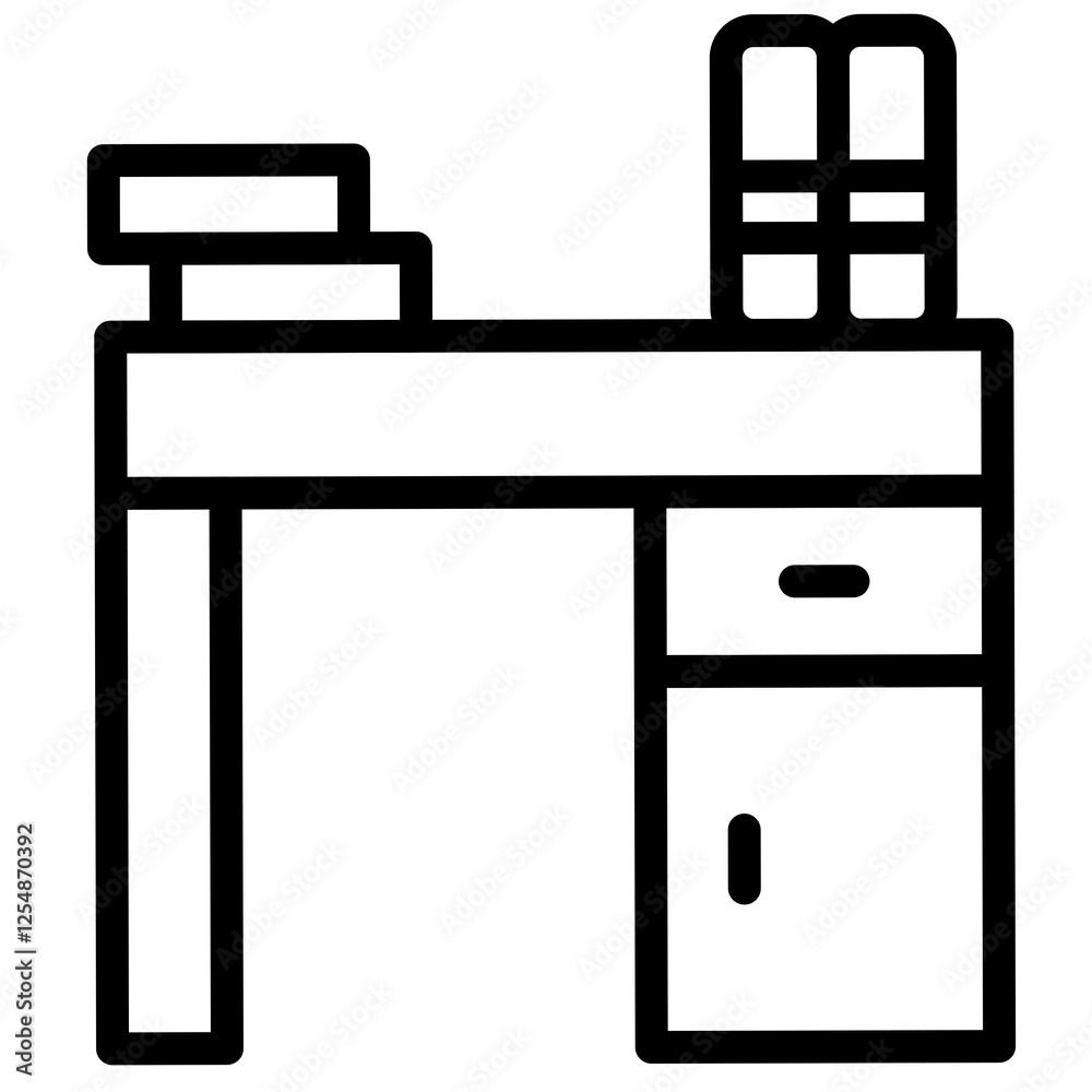 Line art of study table with stack of books, furniture for studying and working. Line art of study table with stack of books, furniture for studying and working.