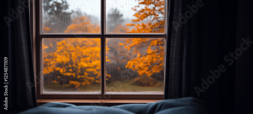 Rainy Autumn Day View Through Window Pane Golden Leaves Cozy Interior