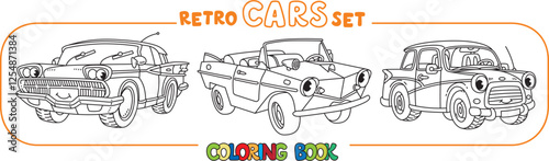 Funny small retro cars with eyes coloring book set