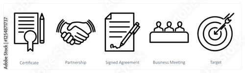 A set of 5 business icons as certificate, partnership, signed agreement