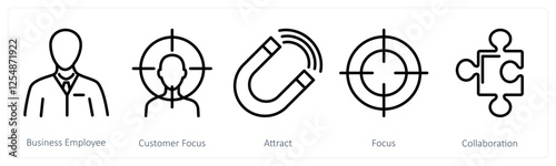 A set of 5 business icons as business employee, customer focus, attract