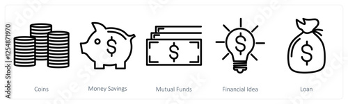 A set of 5 business icons as coins, money savings, mutual funds
