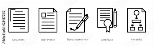 A set of 5 business icons as document, user profile, signed agreement