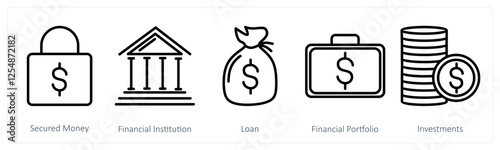 A set of 5 business icons as secured money, financial institution, loan