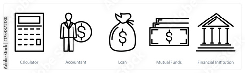 A set of 5 business icons as calculator, accountant, loan