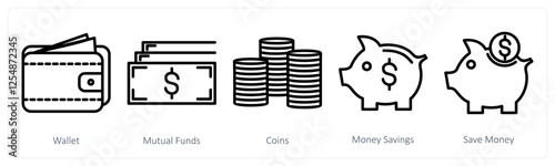 A set of 5 business icons as wallet, mutual funds, coins