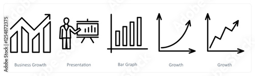 A set of 5 business icons as business growth, presentation, bar graph