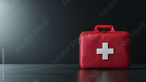 Red first aid kit with white cross on dark background, symbolizing emergency preparedness and safety.
