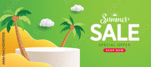 Summer sale podium banner clipart template design. Summer sale in green background clip art for vacation holiday shopping discount with white podium stage, coconut tree and yellow paper cut vector 