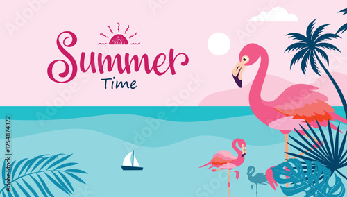 Summer time beach clipart background design. Summer beach background template clip art with cute mother and baby pink flamingo in tropical sea water vector illustration.
