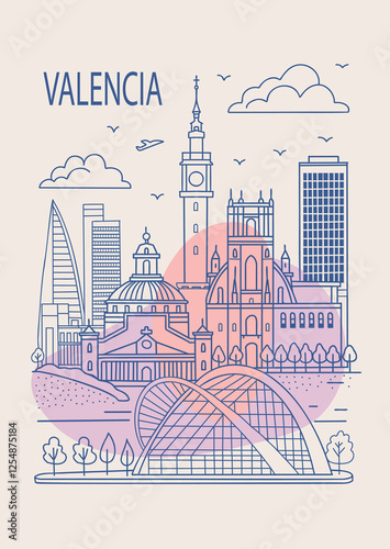 Poster Valencia , Spain.  vector illustration, linear style