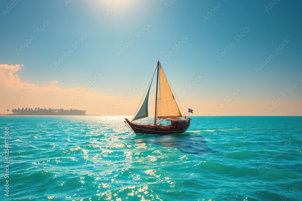 Fototapeta premium Sailing boat in turquoise ocean at sunset