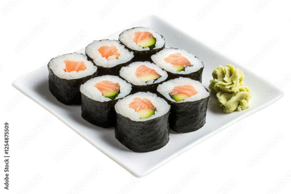 Delicious Salmon Sushi Rolls with Wasabi Isolated on White Background Delicious Salmon Sushi Rolls with Wasabi Isolated on White Background