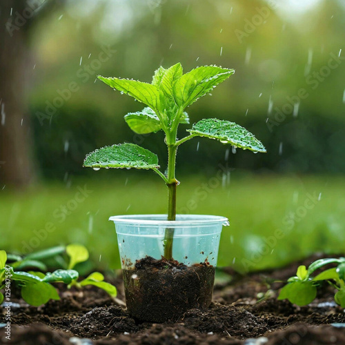 Sprout in a glass under drops of drizzling rain photo