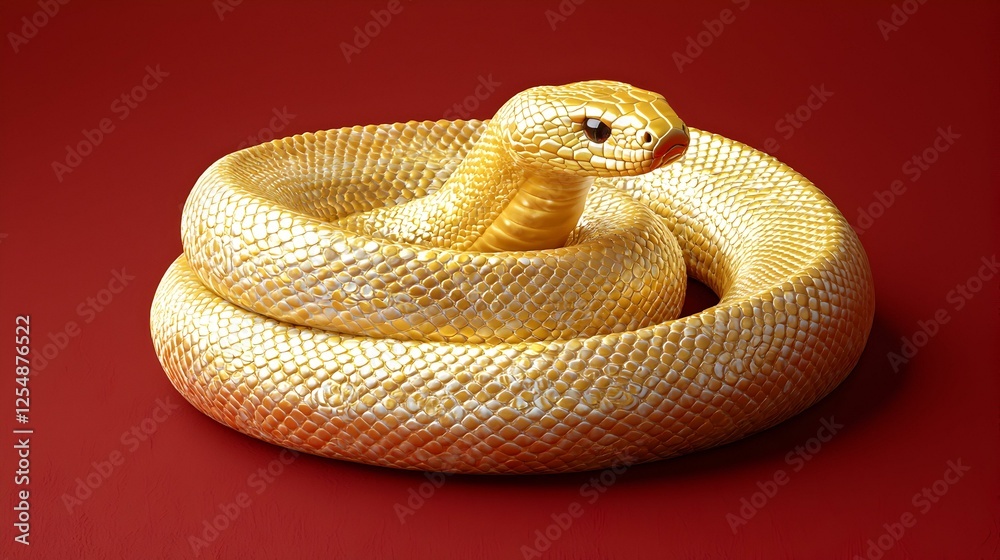 Fototapeta premium Coiled golden snake on red background. Luxury, wealth, power, zodiac symbol.