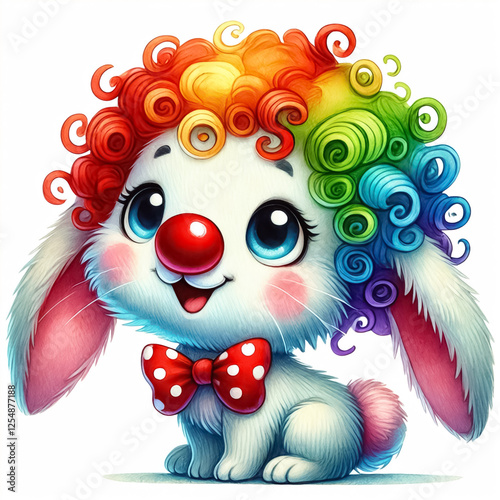 Cute bunny with a red clown nose, colorful wig, and big smile photo