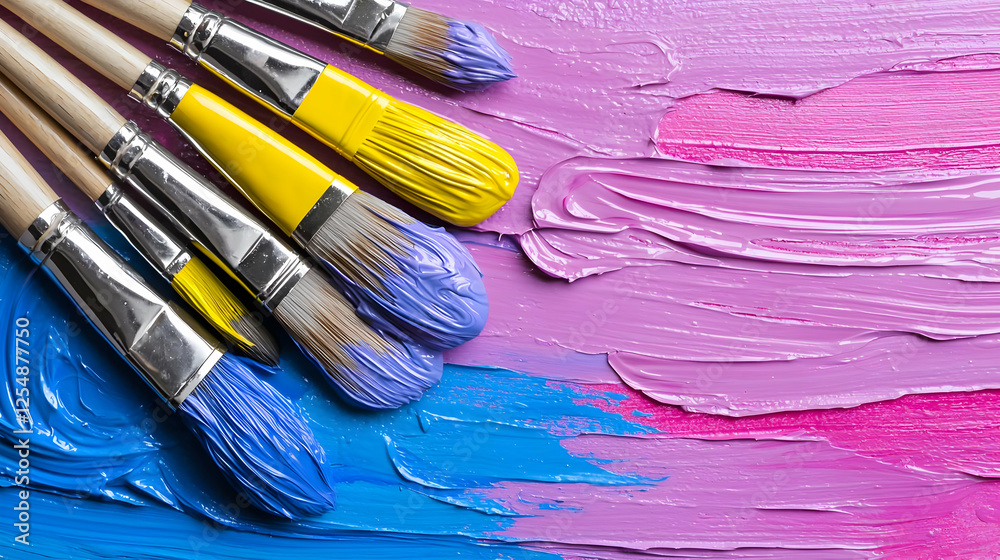 Obraz premium Colorful paintbrushes on vibrant acrylic paint. Artistic supplies