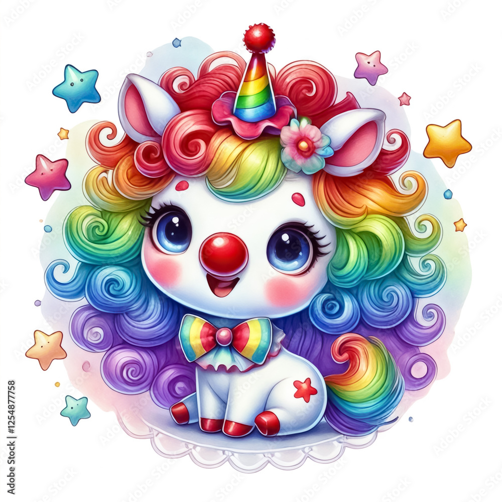 Naklejka premium Happy unicorn with a clown face, rainbow curly wig, and star decorations