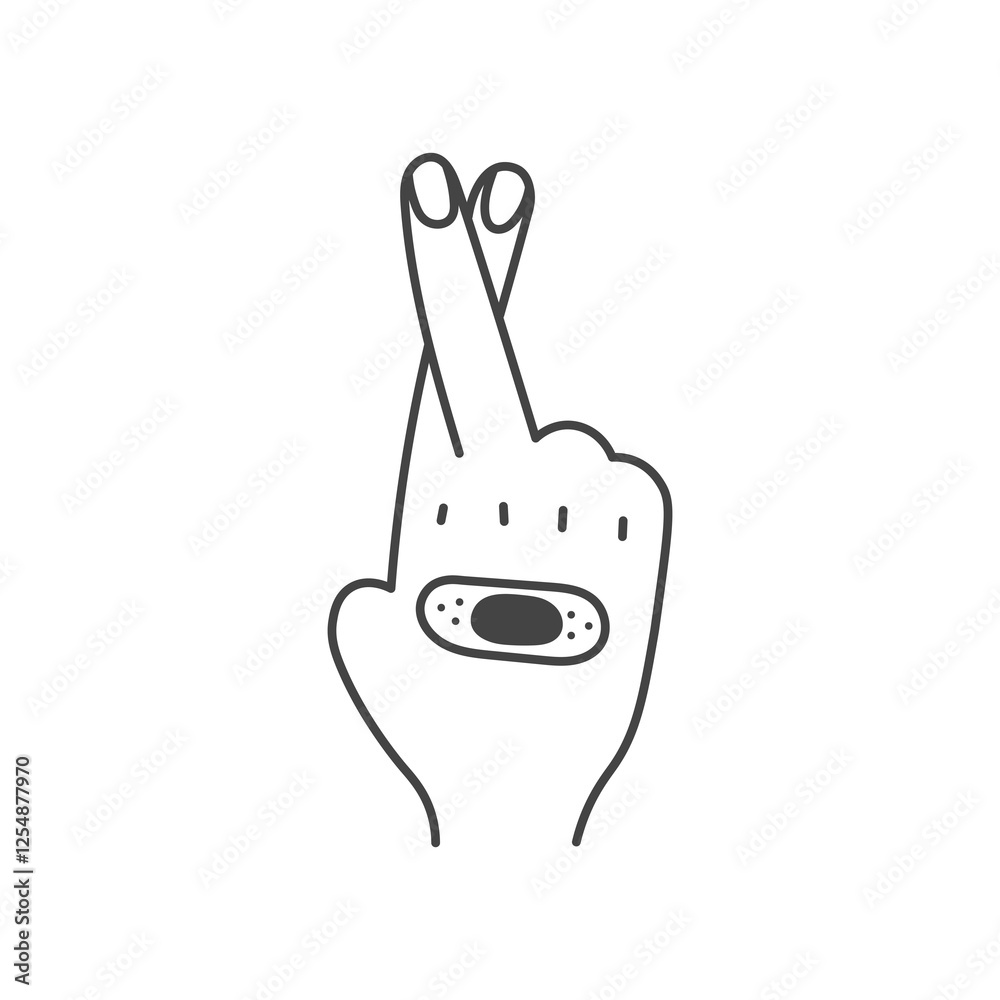 Obraz premium Crossed fingers gesture with Band aid. Hand pose with medical sticky adhesive bandage. First aid and recruitment symbol. Wound and injury recovery. Vector illustration