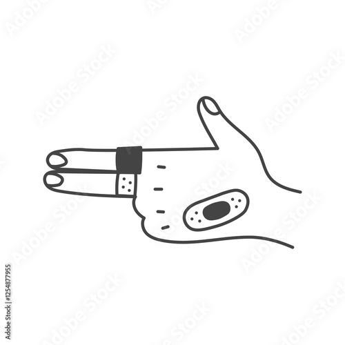 Finger Gun Gesture with Adhesive Bandage. Medical sticking plaster on back of hand. Band aid wound and injury protection. Outline vector illustration
