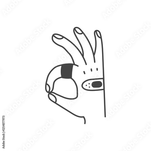 OK hand gesture with Adhesive Bandage. Doodle palm with fingers sign. Health care recovery protection symbol. Outline vector illustration