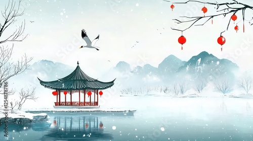 Wallpaper Mural A Tranquil Crane Flying Over Serene Chinese Pavilion Amidst Misty Mountains and Reflective Waters Torontodigital.ca