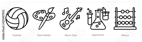 A set of 5 education icons as football, paint palette, music class