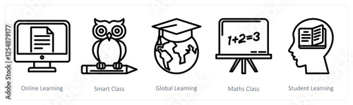 A set of 5 education icons as online learning, smart class, global learning