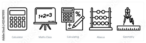 A set of 5 education icons as calculator, maths class, calculating