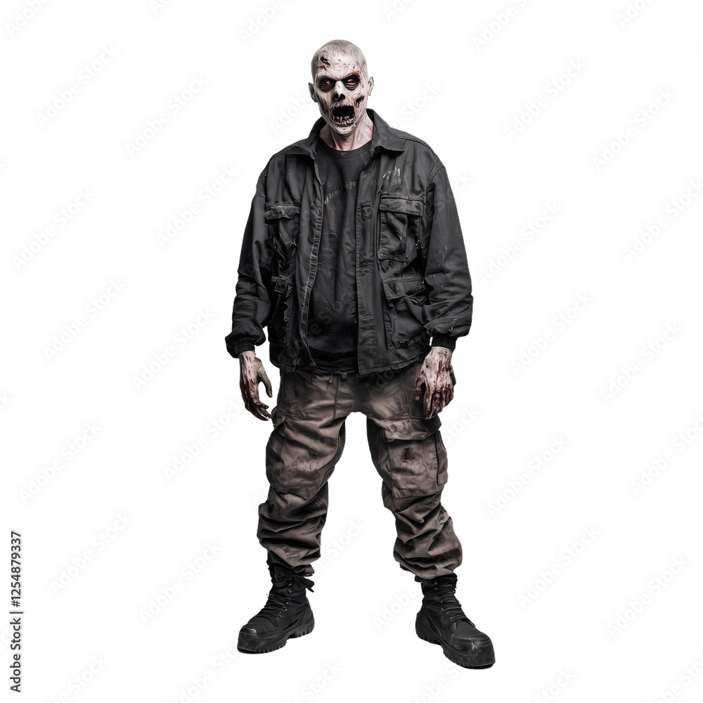 Realistic zombie with detailed skeletal features wearing dark clothing on a plain white background, captivating the essence of horror and the undead Realistic zombie with detailed skeletal features wearing dark clothing on a plain white background, captivating the essence of horror and the undead