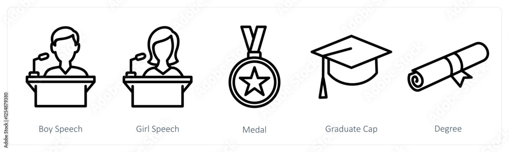 A set of 5 education icons as boy speech, girl speech, medal A set of 5 education icons as boy speech, girl speech, medal