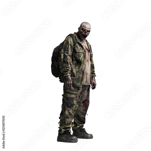 Zombie character in military attire stands against a solid color background with an eerie expression, creating a haunting atmosphere and showcasing details of decay