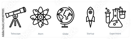 A set of 5 education icons as telescope, atom, globe