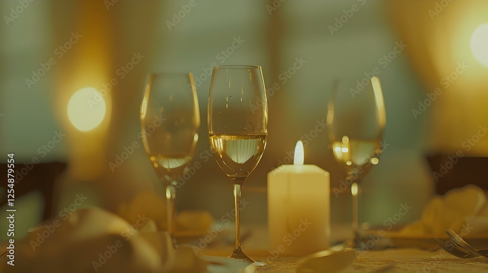 Romantic dinner setting with candlelight and wine glasses. Perfect for Valentine's Day or anniversary celebrations. Romantic dinner setting with candlelight and wine glasses. Perfect for Valentine's Day or anniversary celebrations.