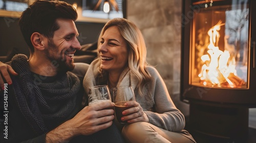 Romantic couple enjoying drinks by a fireplace.  Cozy winter evening scene.