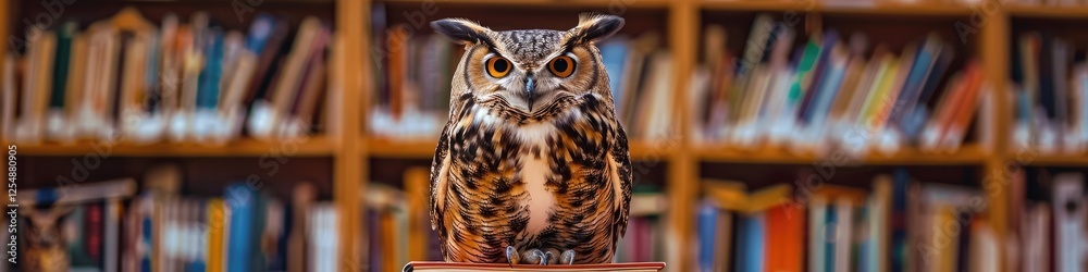 An owl sits on a stack of books in the library. A magical atmosphere. A symbol of wisdom. An owl sits on a stack of books in the library. A magical atmosphere. A symbol of wisdom.