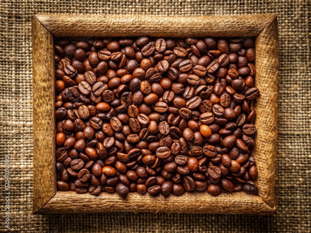 Fototapeta premium Aerial Coffee Bean Harvest, Drone Photography, Burlap Sack, Roasted Coffee Beans, Coffee Plantation, Agriculture, Top View