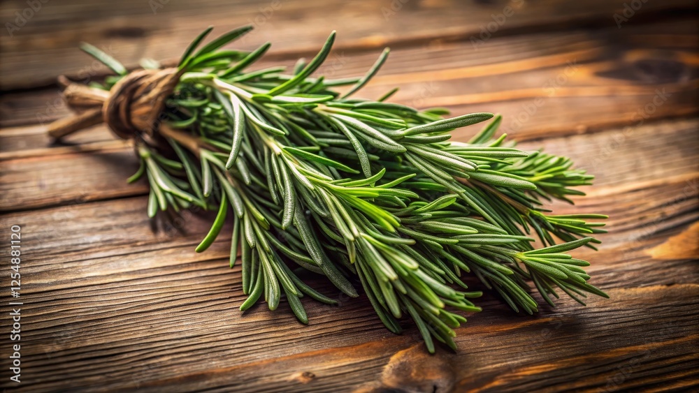 Fresh Rosemary Herb Bundled on Rustic Wooden Table Surface Fresh Rosemary Herb Bundled on Rustic Wooden Table Surface