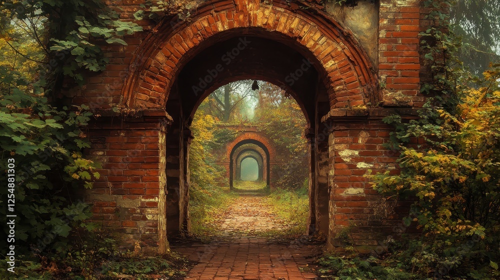 Fototapeta premium Brick archway leads to autumnal path. Ideal for fantasy, mystery, or fairytale themes.