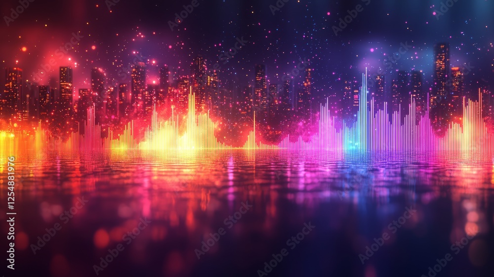 Naklejka premium Neon city skyline at night reflecting on water; vibrant, futuristic scene; use for poster or wallpaper