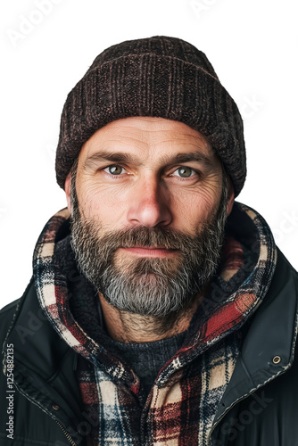 Portrait of a rugged man in warm attire reflecting the spirit of rural life, showcasing resilience and character in a cozy winter setting photo