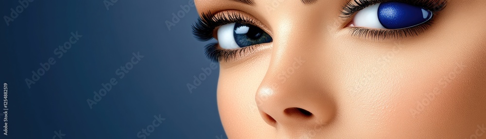 Fototapeta premium Woman's eye close-up, blue background, beauty