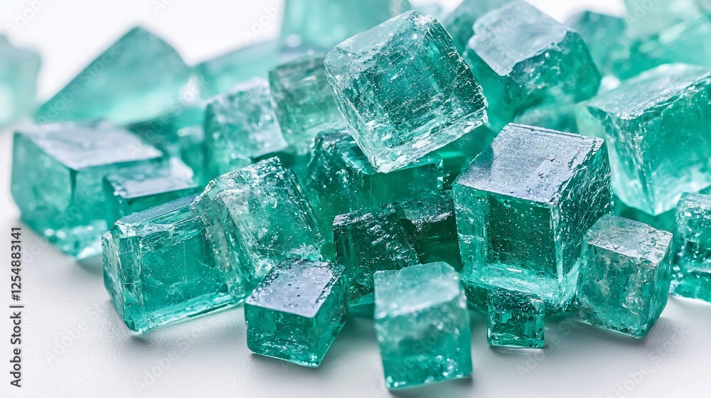 Close-up of a pile of teal cubic crystals. Close-up of a pile of teal cubic crystals.