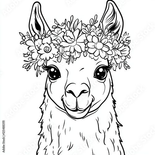 Adorable Llama with Flower Crown Fun Coloring Page for Kids  photo