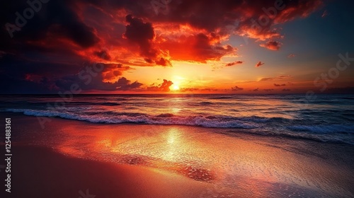 Fiery ocean sunset, beach waves, dramatic sky, calm sea