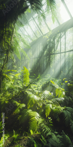 Lush fern plants in misty greenhouse interior with sunlight creating tranquil ambiance in indoor garden