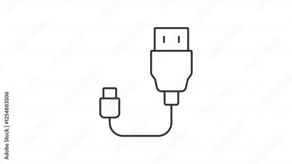 USB cable line animation. Connector animated icon. Moving wire. Charger plug. Electronics, engineering. Black illustration on white background. HD video with alpha channel. Motion graphic USB cable line animation. Connector animated icon. Moving wire. Charger plug. Electronics, engineering. Black illustration on white background. HD video with alpha channel. Motion graphic